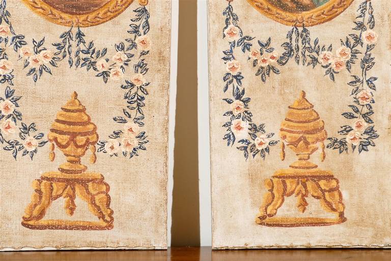 Set of Three French Vertical Oil on Canvas Louis XVI Style Decorative Panels 1