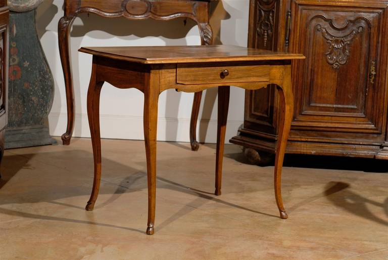18th century French Louis XV side table, cabriole legs, hoof feet, single drawer.