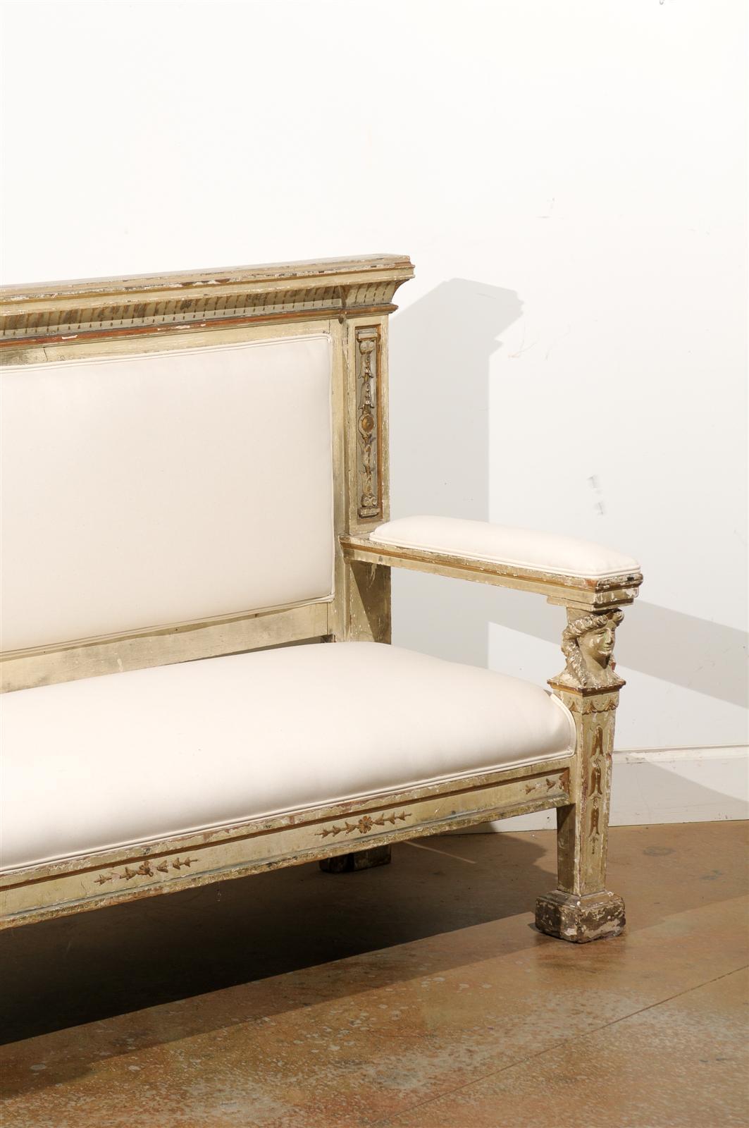 Neoclassical 1820s, Tuscan Upholstered Wooden Bench with Classical Figures 1