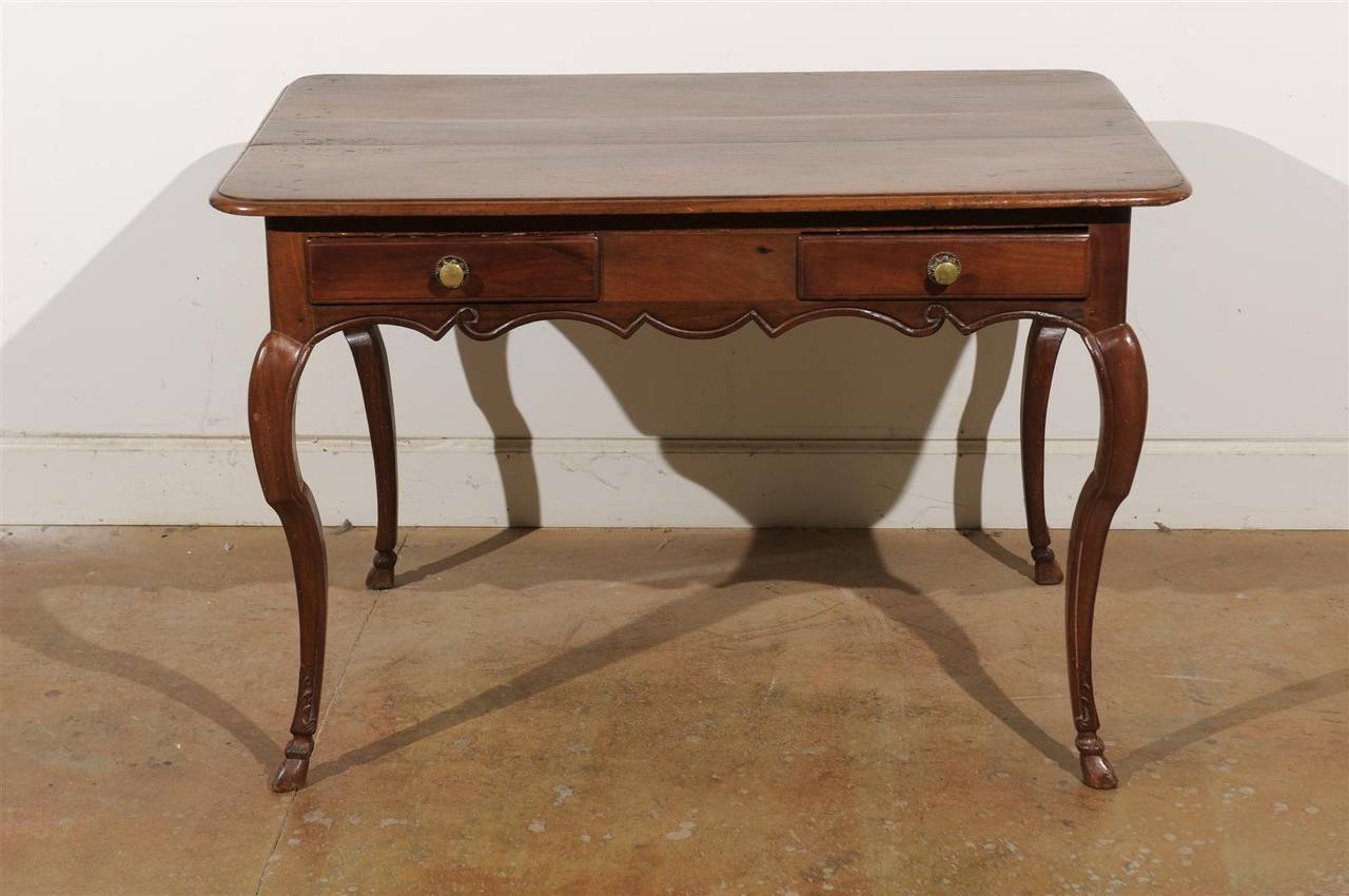 French 1740s Period Louis XV Wooden Desk with Two Drawers and Cabriole Legs 4