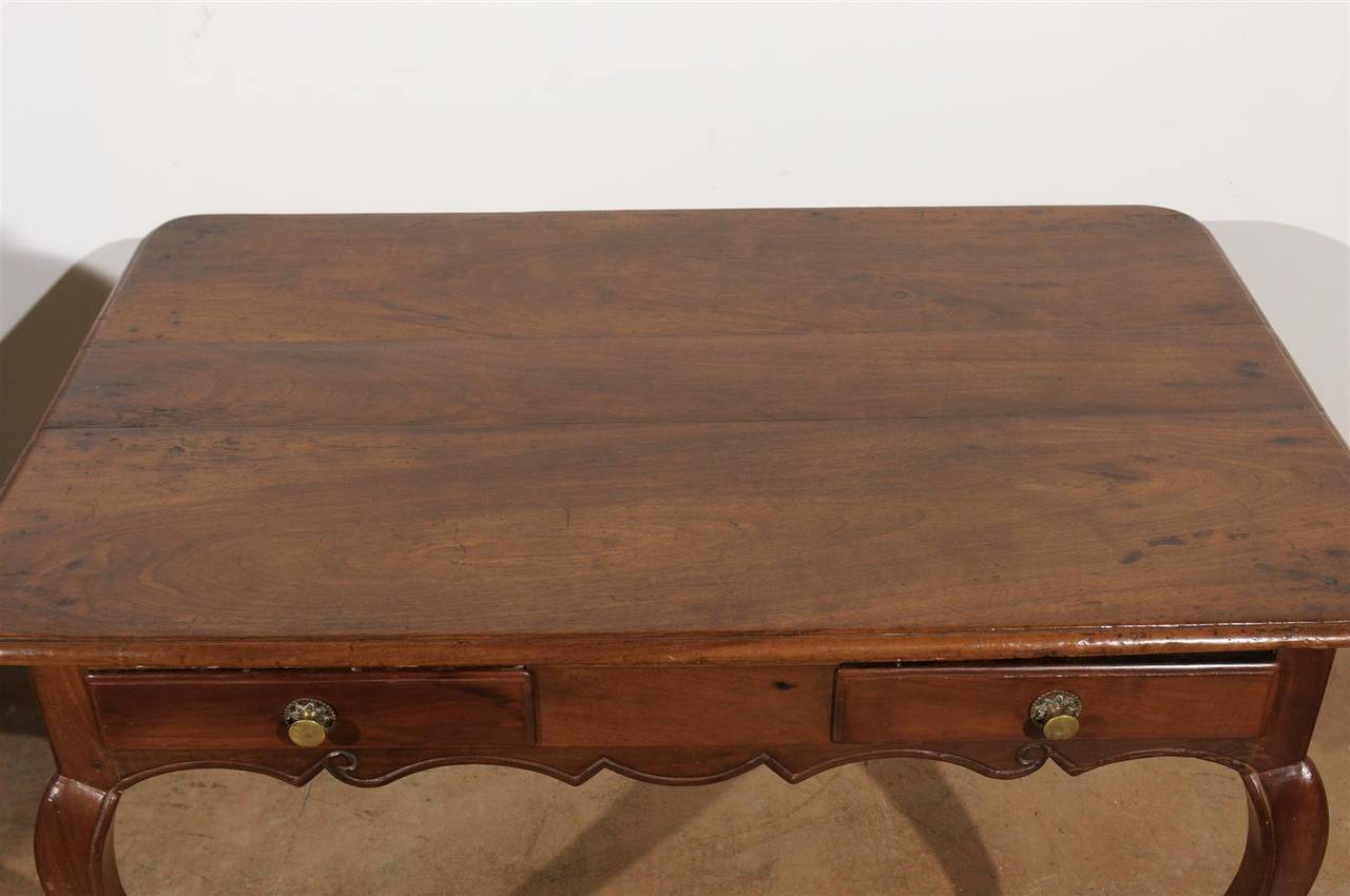 18th Century French 1740s Period Louis XV Wooden Desk with Two Drawers and Cabriole Legs