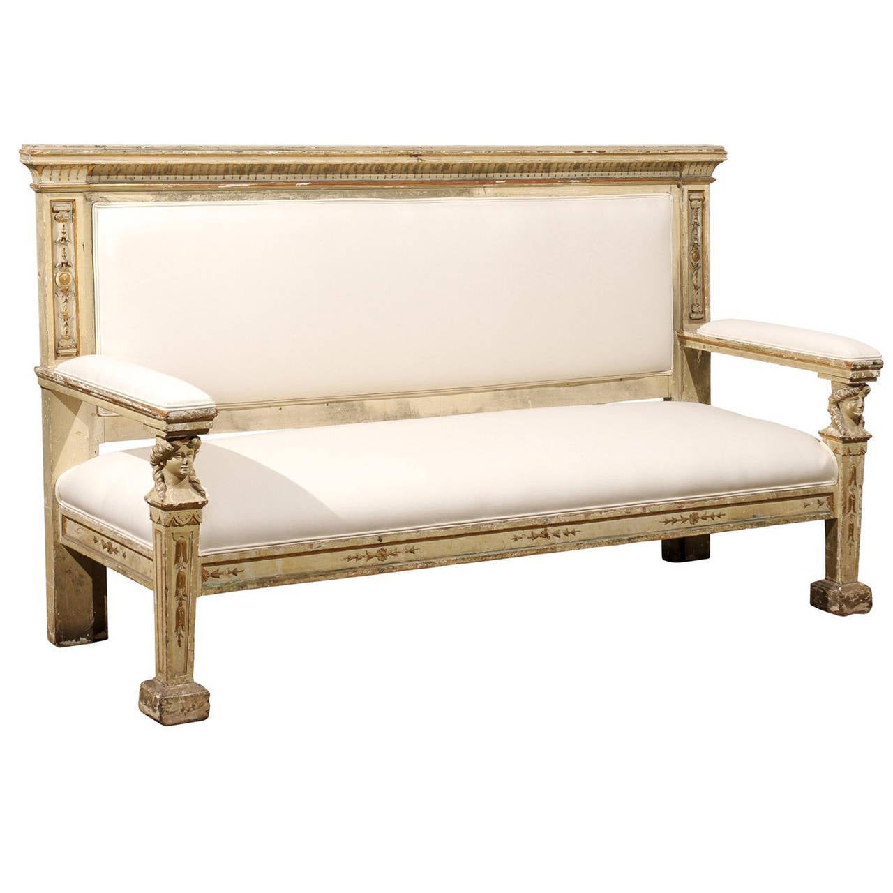 Neoclassical 1820s Tuscan Upholstered Wooden Bench With Classical Neoclassical 1820s Tuscan Upholstered Wooden Bench With Classical Figures For