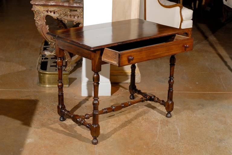 French Walnut Side Table with Spindle-Shaped Legs and Cross Stretcher 3