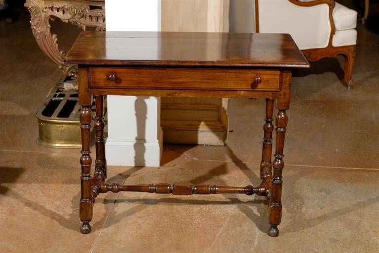 French Walnut Side Table with Spindle-Shaped Legs and Cross Stretcher 4