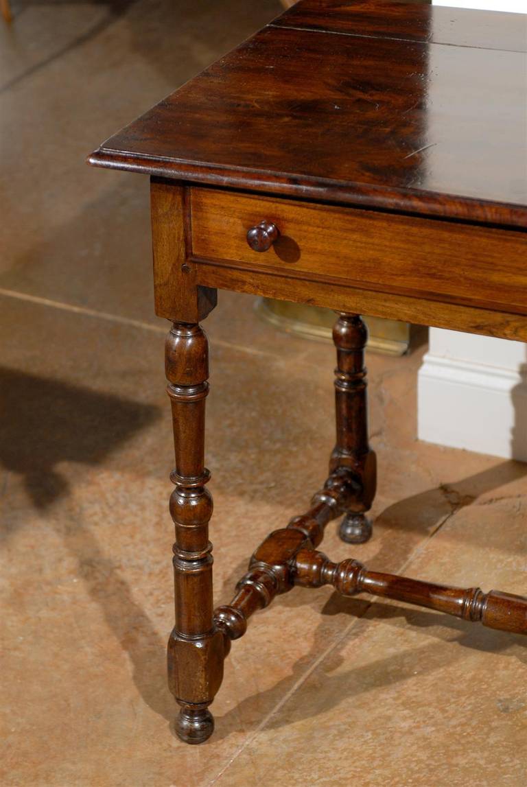 Wood French Walnut Side Table with Spindle-Shaped Legs and Cross Stretcher