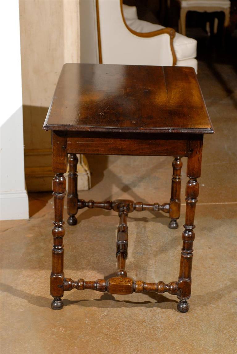 French Walnut Side Table with Spindle-Shaped Legs and Cross Stretcher 1