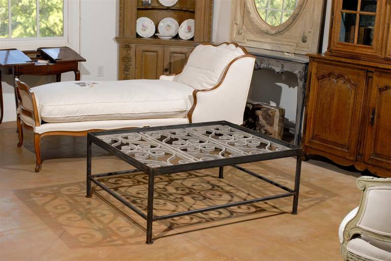 Industrial Iron Rectangular Coffee Table Made of French 1850s Painted Ironwork Balcony