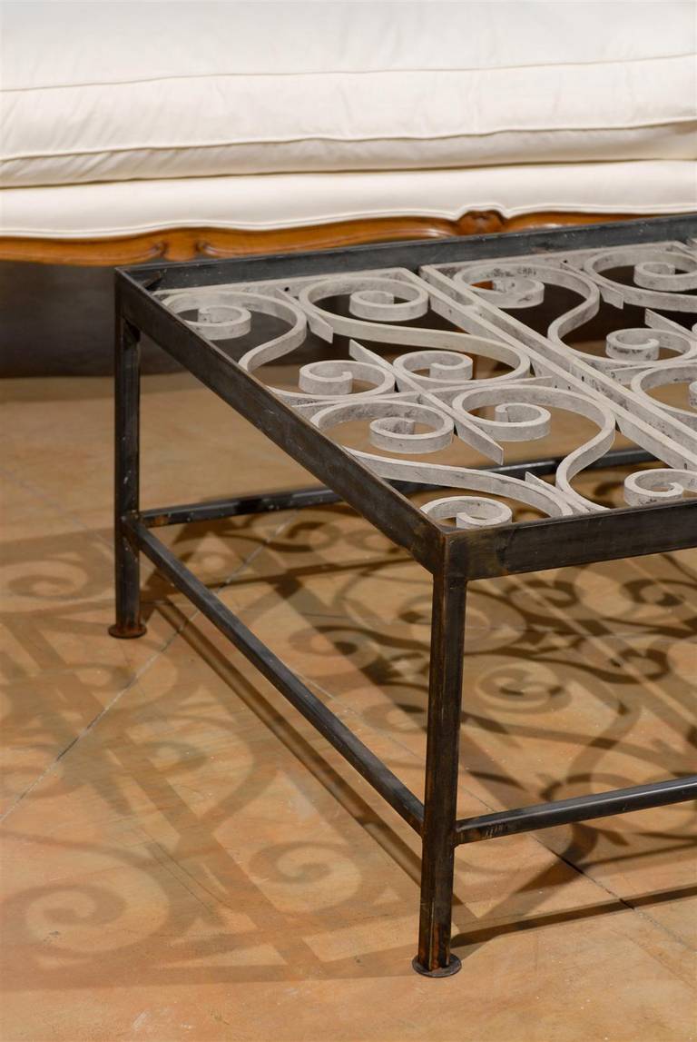 Iron Rectangular Coffee Table Made of French 1850s Painted Ironwork Balcony 1