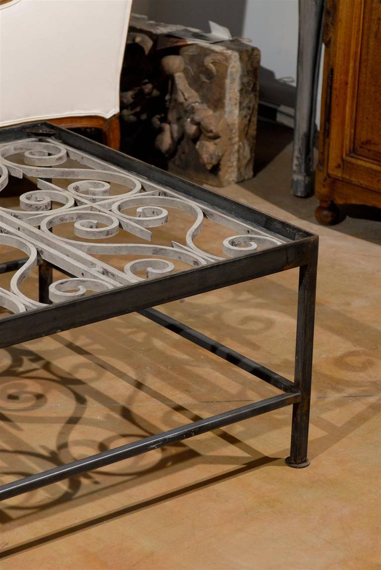 19th Century Iron Rectangular Coffee Table Made of French 1850s Painted Ironwork Balcony