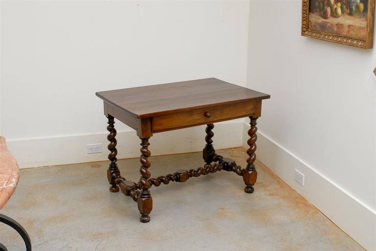 Carved French Louis XIII Style Walnut Side Table with Barley Twist Base and Stretcher