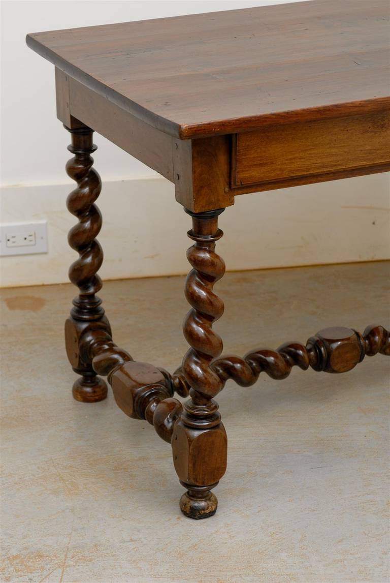 French Louis XIII Style Walnut Side Table with Barley Twist Base and Stretcher 5