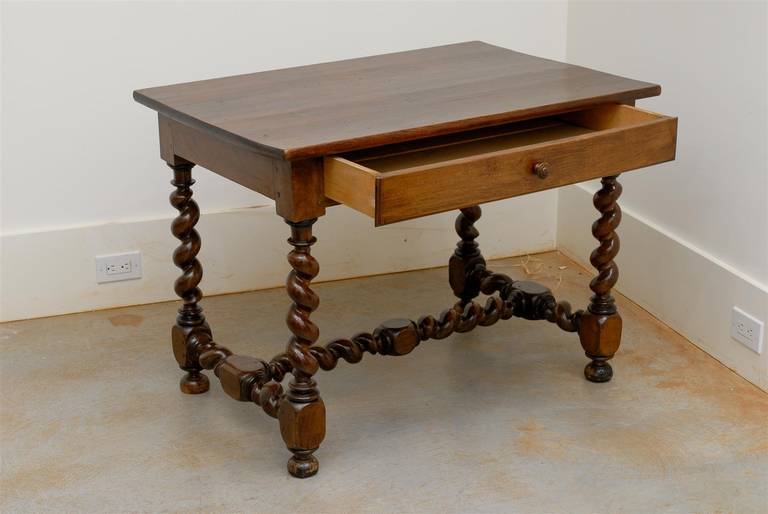 19th Century French Louis XIII Style Walnut Side Table with Barley Twist Base and Stretcher