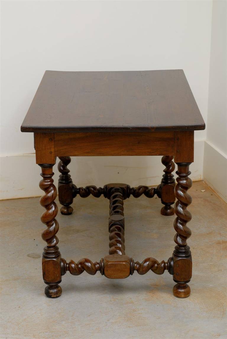 French Louis XIII Style Walnut Side Table with Barley Twist Base and Stretcher 1