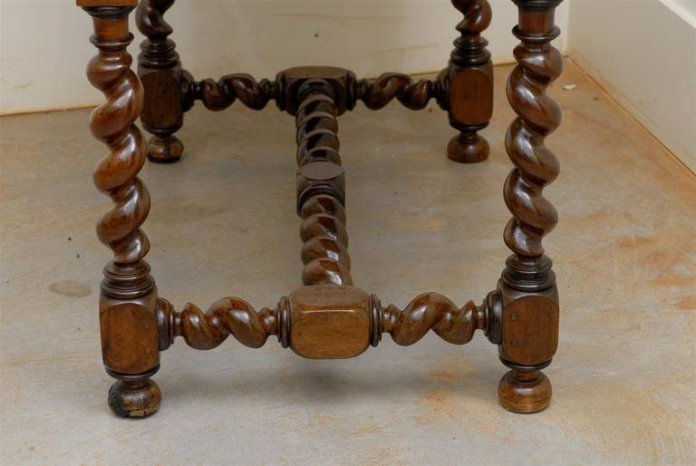 French Louis XIII Style Walnut Side Table with Barley Twist Base and Stretcher 3