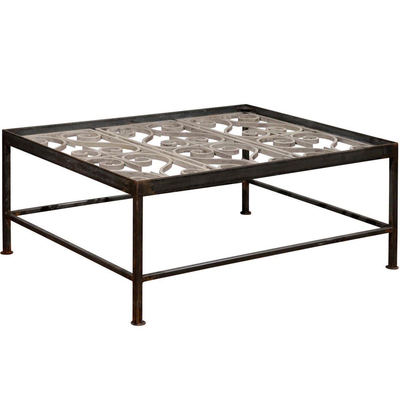 Iron Rectangular Coffee Table Made of French 1850s Painted Ironwork Balcony