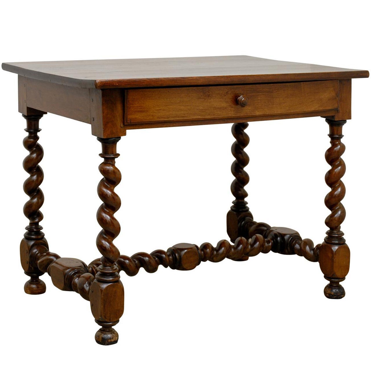 French Louis XIII Style Walnut Side Table with Barley Twist Base and Stretcher