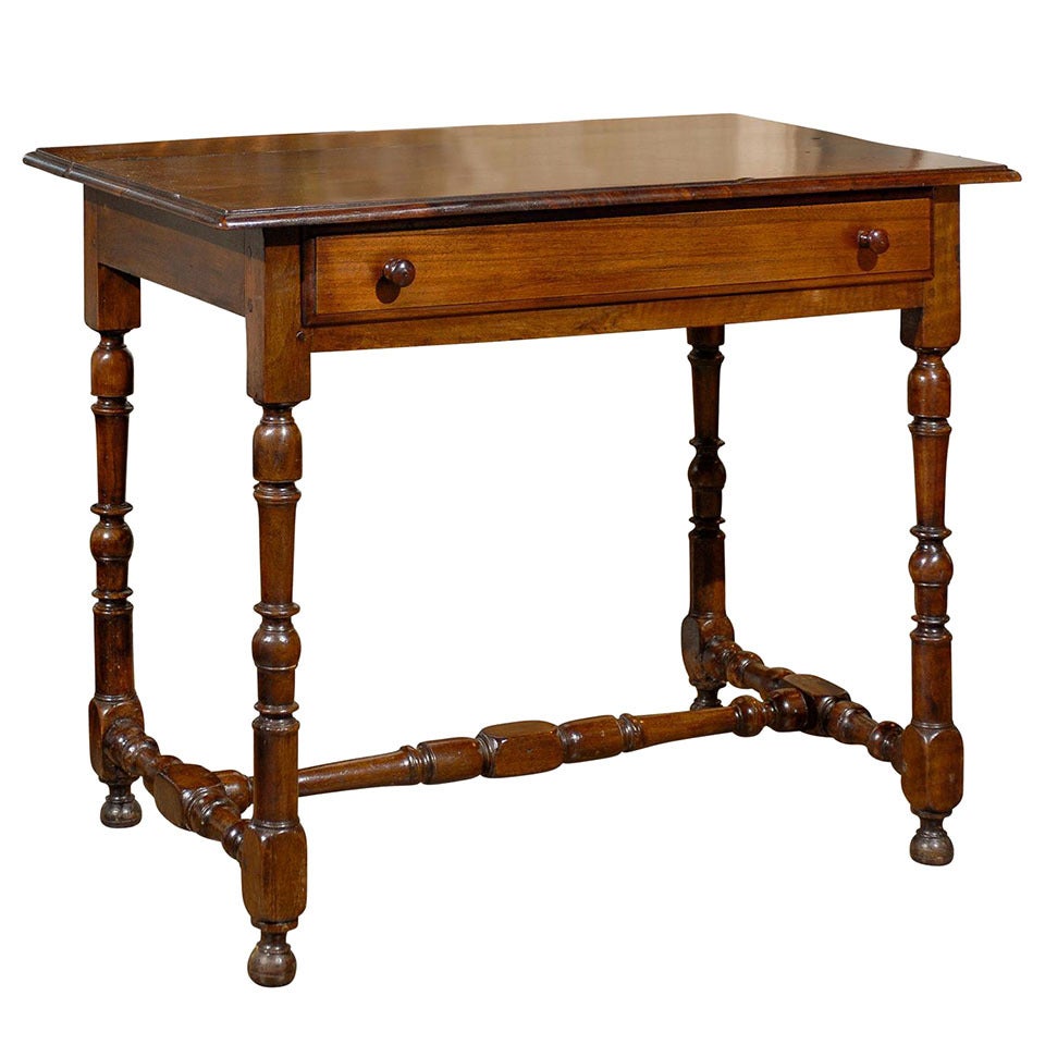 French Walnut Side Table with Spindle-Shaped Legs and Cross Stretcher