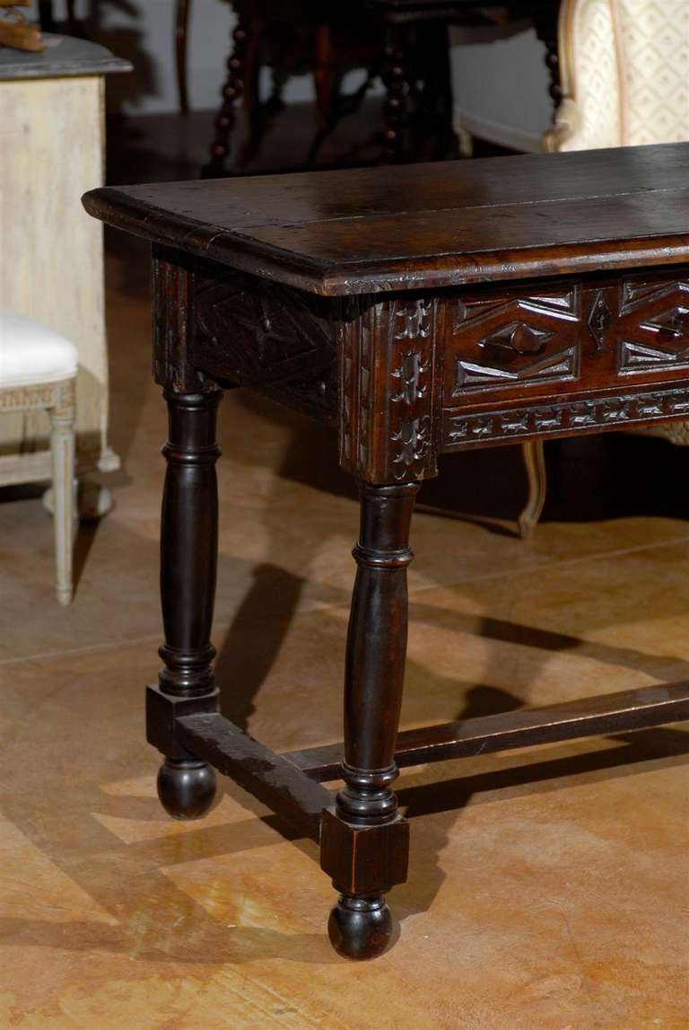18th Century 1750s Spanish Renaissance Style Dark Walnut Sofa Table with Diamond Motifs