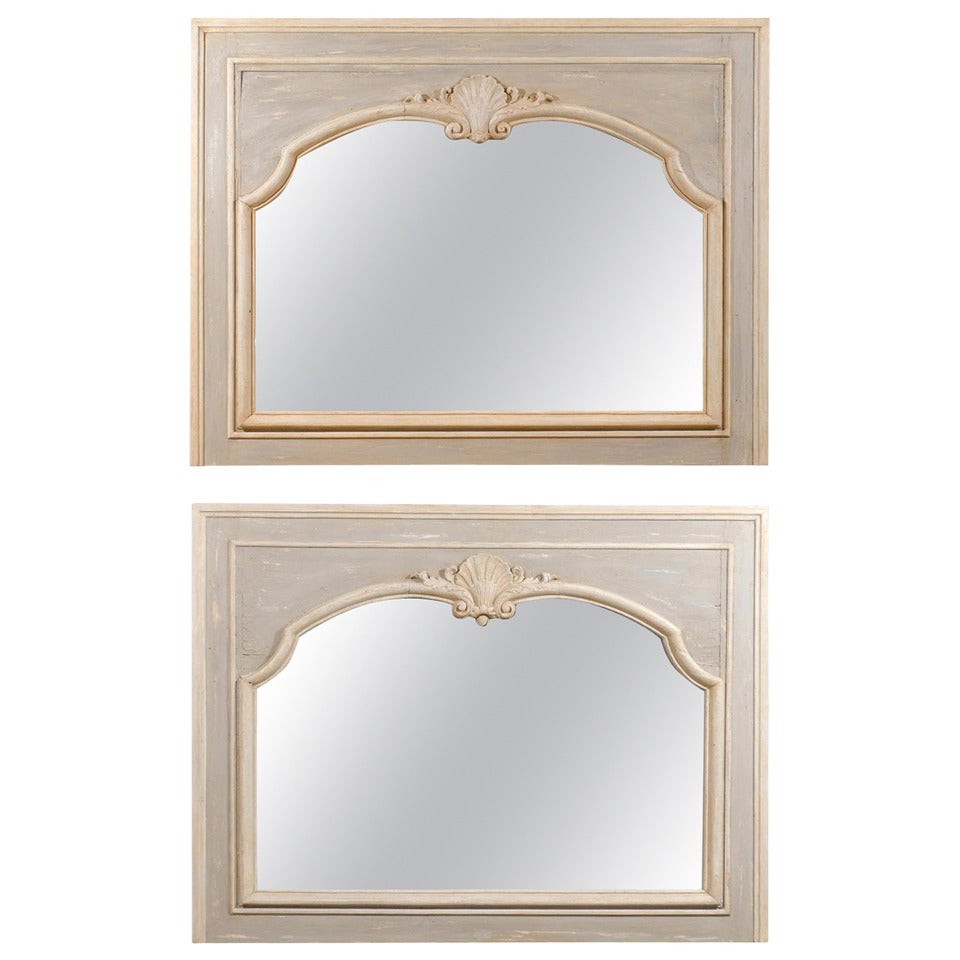 Pair of French Louis XV Style 1890s Painted Wood Horizontal Shell-Carved Mirrors For Sale