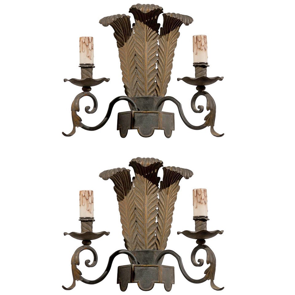 Pair of French Tôle Two-Light Sconces with Ostrich Plume Motifs, circa 1890 For Sale