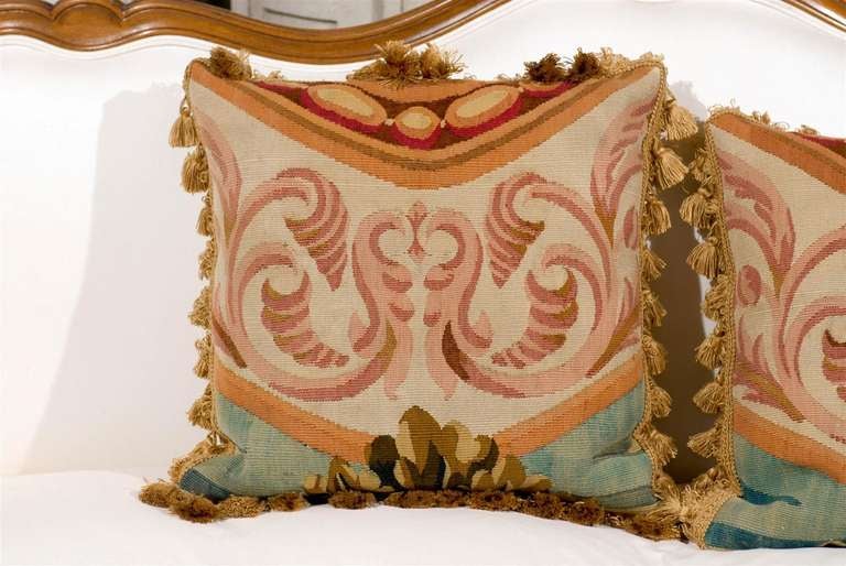Pair of French Aubusson Antique Pillows 'Brown & Red & Gold' In Good Condition In Atlanta, GA