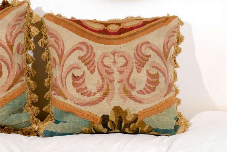 Hand-Crafted Pair of French Aubusson Antique Pillows 'Brown & Red & Gold'