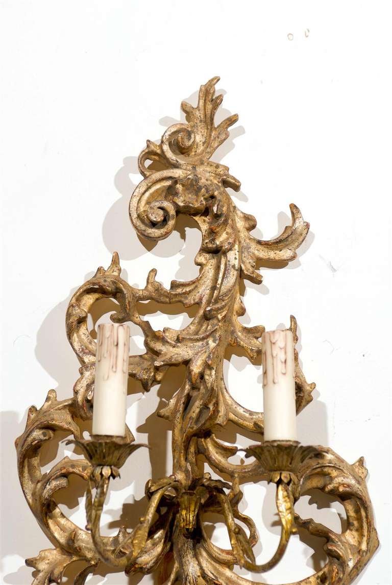 Pair of French 1850s Rococo Revival Giltwood Two-Light Sconces For Sale 3
