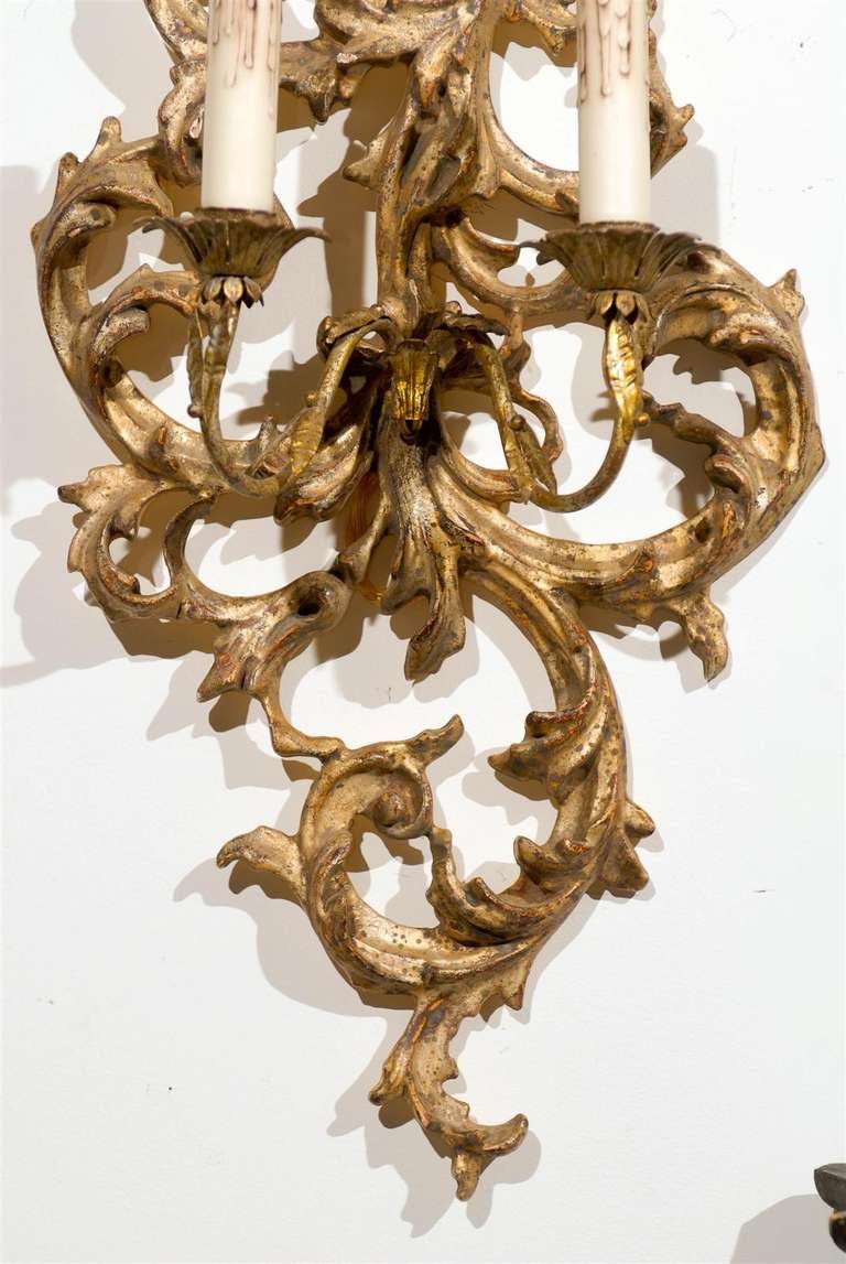 Pair of French 1850s Rococo Revival Giltwood Two-Light Sconces For Sale 2