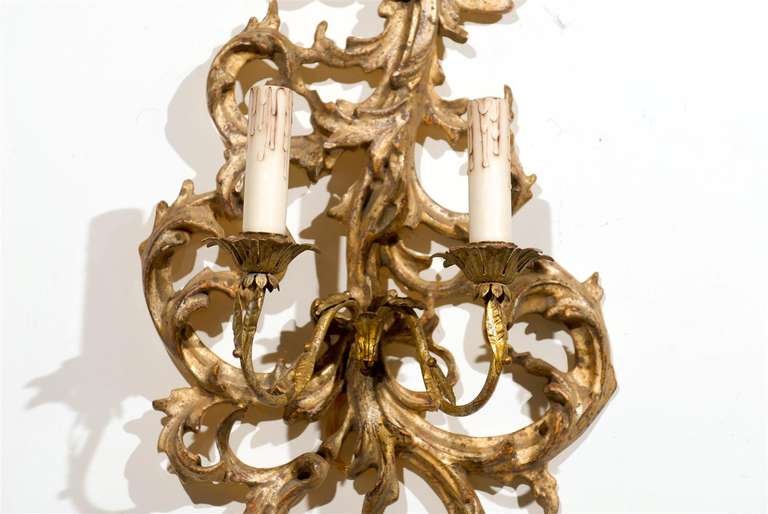 Pair of French 1850s Rococo Revival Giltwood Two-Light Sconces For Sale 4