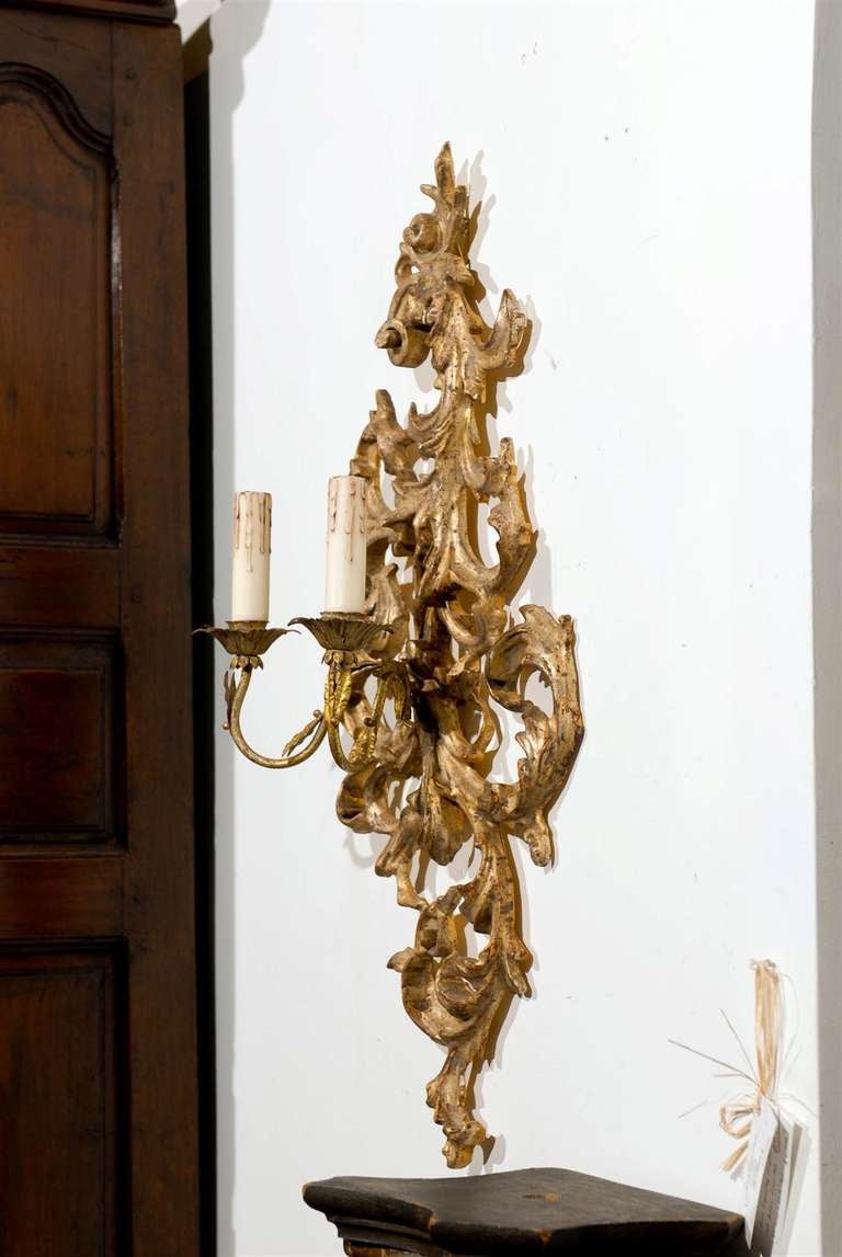 Pair of French 1850s Rococo Revival Giltwood Two-Light Sconces In Good Condition For Sale In Atlanta, GA