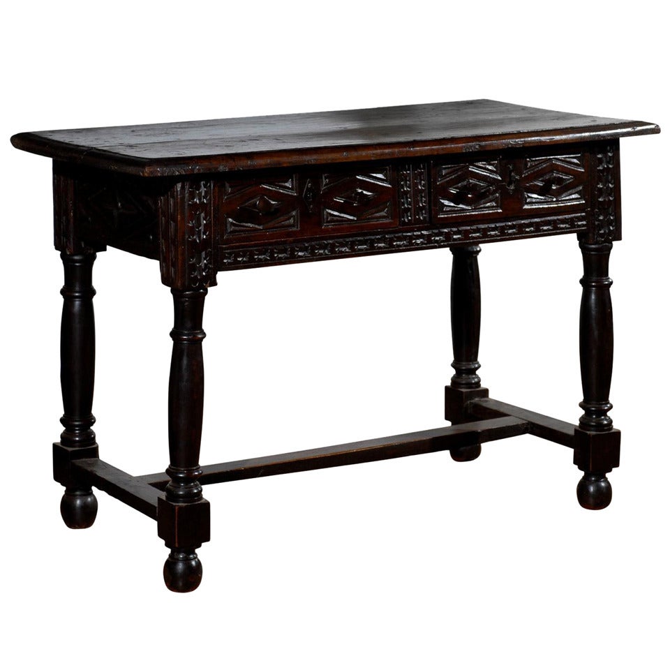 1750s Spanish Renaissance Style Dark Walnut Sofa Table with Diamond Motifs