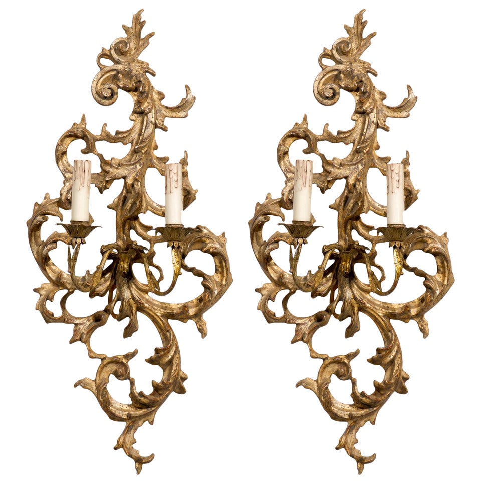 Pair of French 1850s Rococo Revival Giltwood Two-Light Sconces For Sale