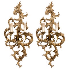 Antique Pair of French 1850s Rococo Revival Giltwood Two-Light Sconces