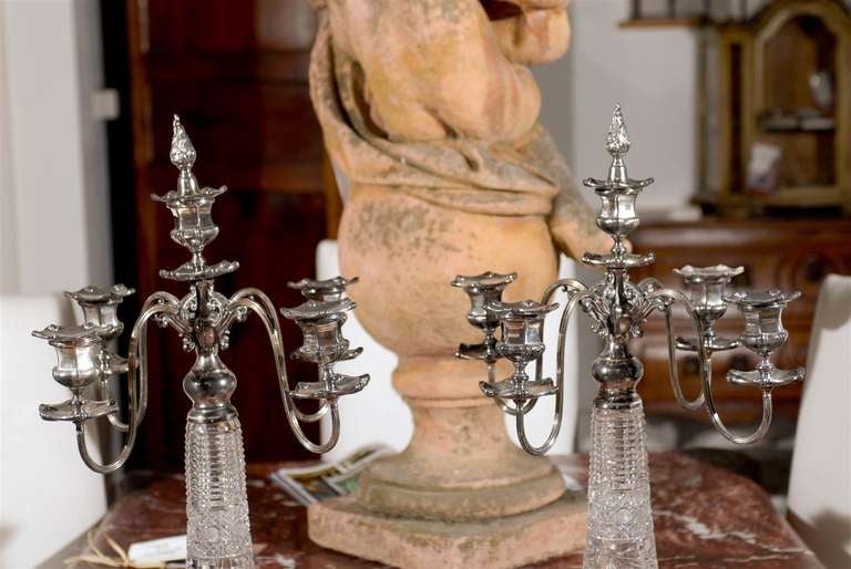 Pair of Silver and Cut-Glass Four-Arm Derby Silver Company Candelabras, 1900s In Excellent Condition In Atlanta, GA