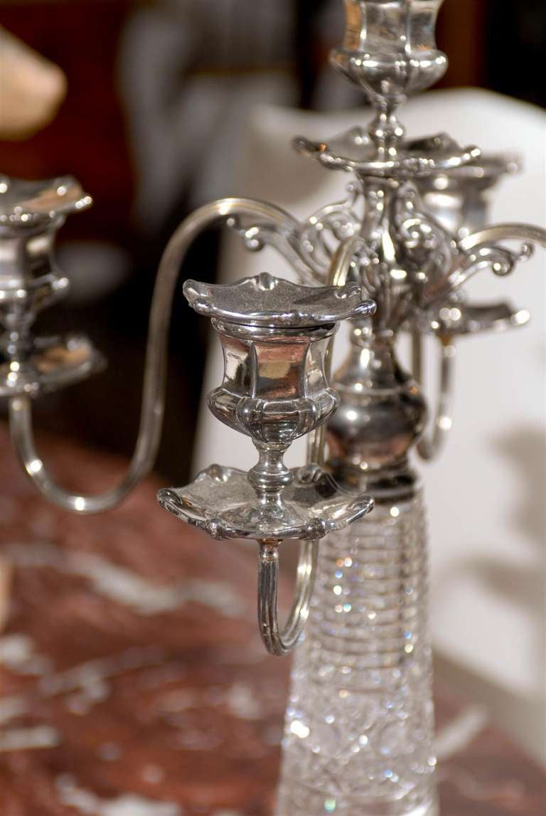 American Pair of Silver and Cut-Glass Four-Arm Derby Silver Company Candelabras, 1900s