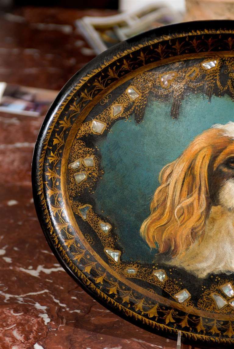 English Victorian Papier-Mâché Tray with Hand-Painted King Charles Spaniel Dog 1