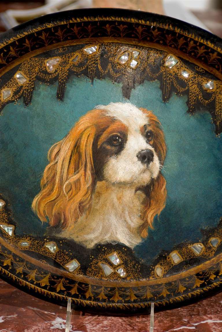 English Victorian Papier-Mâché Tray with Hand-Painted King Charles Spaniel Dog 2