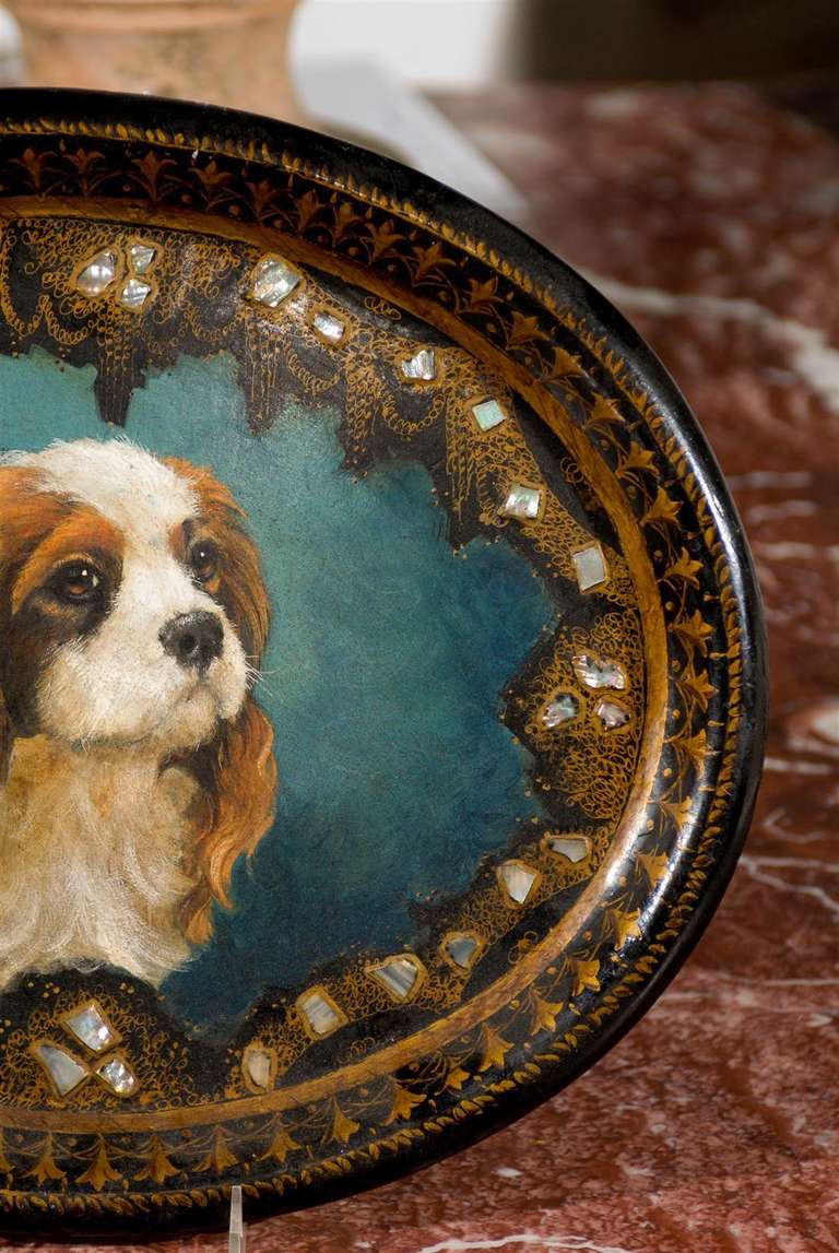English Victorian Papier-Mâché Tray with Hand-Painted King Charles Spaniel Dog 3