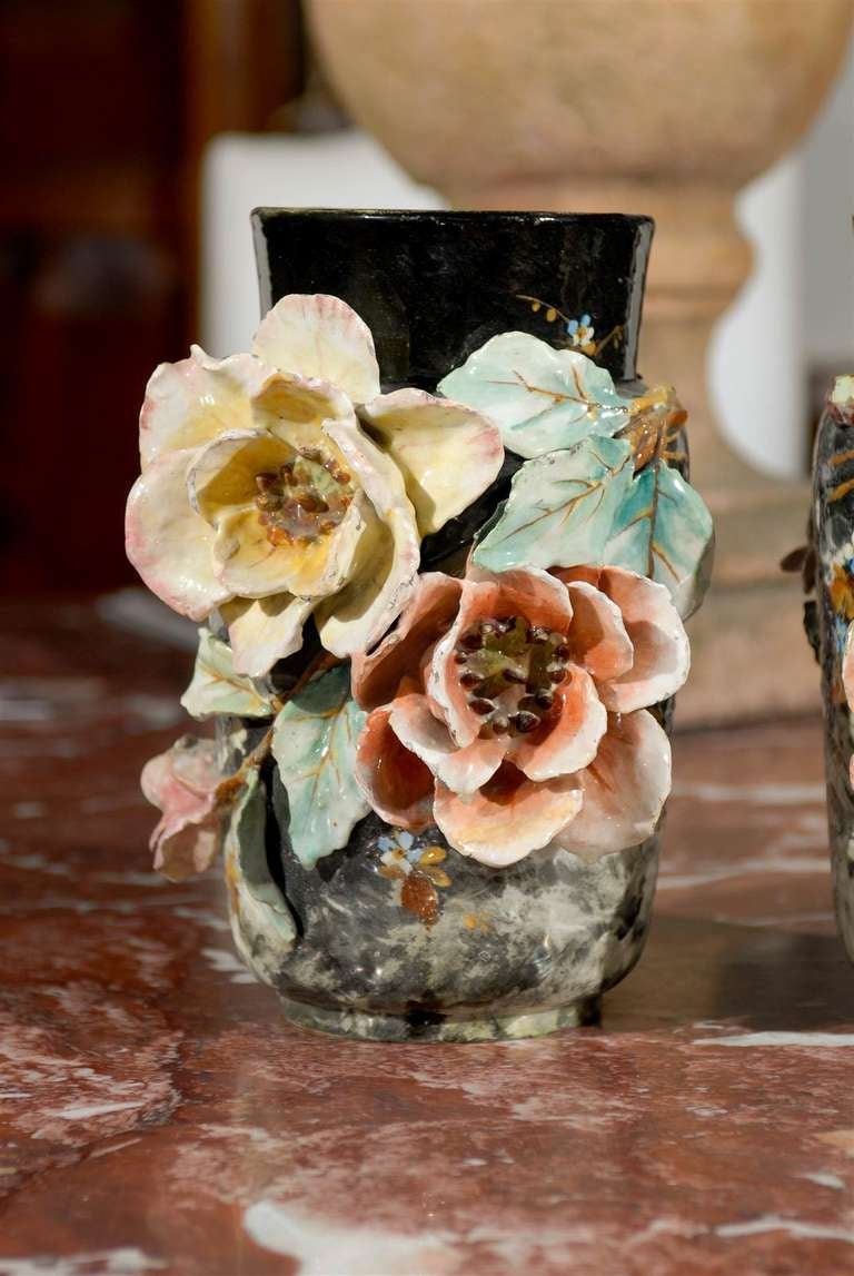 French Pair of Barbotine Vases