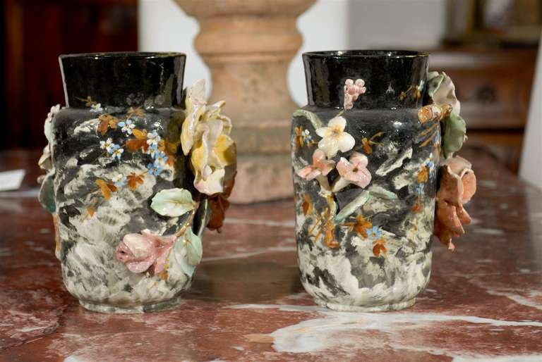 Pair of Floral Barbotine Vases- 19th Century- French. Please Note These Items are Antiques and are Two of a Kind. Please Refer to Our Website for Our Complete Inventory.