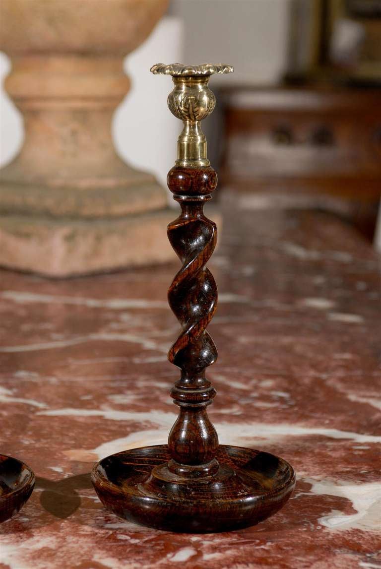 Pair of Victorian 1840s Barley Twist Oak and Brass Candlesticks from Scotland 1