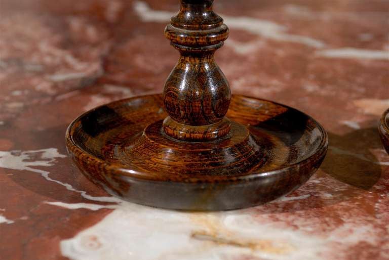 19th Century Pair of Victorian 1840s Barley Twist Oak and Brass Candlesticks from Scotland