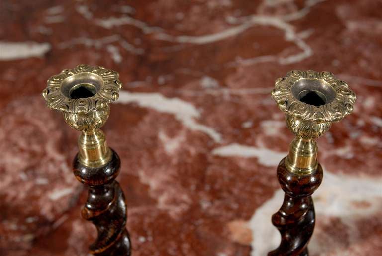 Early Victorian Pair of Victorian 1840s Barley Twist Oak and Brass Candlesticks from Scotland