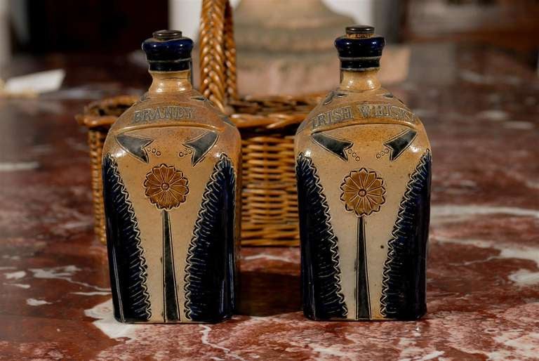 Two Victorian English Pottery Decanters in Tantalus-Inspired Wicker Basket For Sale 4