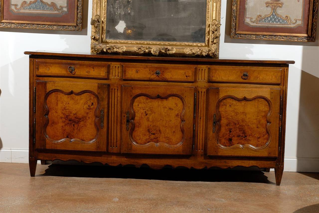 19th century French Louis XVI enfilade with inset burl walnut doors and drawers. Three drawers and three doors.