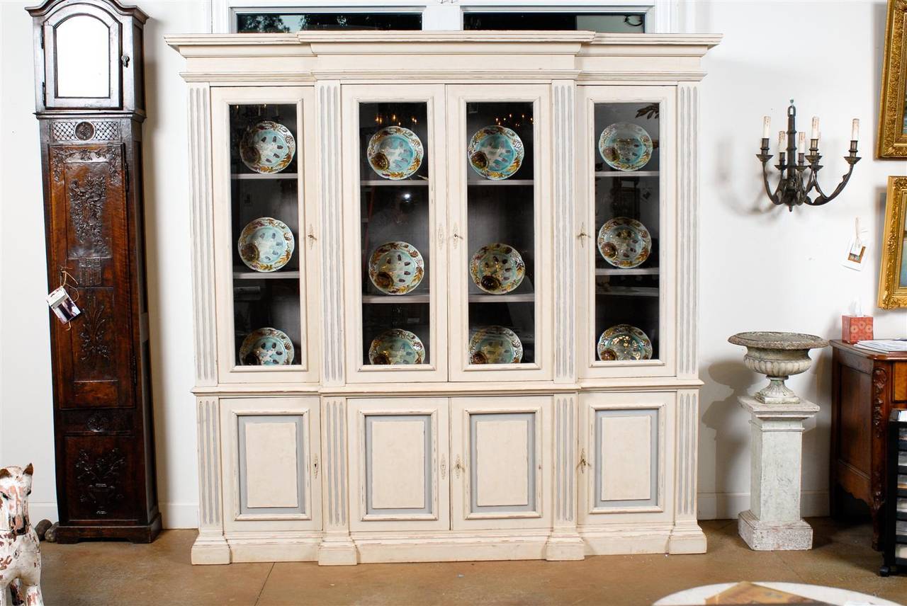19th Century Louis XVI Painted Directoire Breakfront Bookcase with Bottom Cabinets and  Glass Front Upper Cabinet.