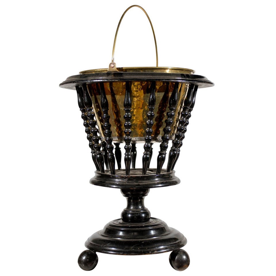 Dutch 1840s Ebonized Wood Jardinière with Brass Liner and Turned Spindles