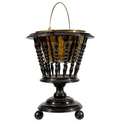 Antique Dutch 1840s Ebonized Wood Jardinière with Brass Liner and Turned Spindles