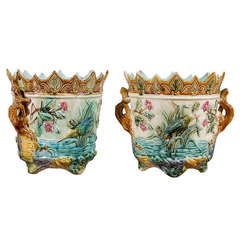 Pair of French Majolica Cachepots