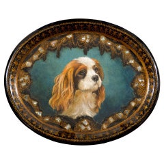 English Victorian Papier-Mâché Tray with Hand-Painted King Charles Spaniel Dog